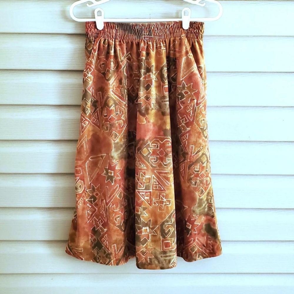 Vintage 80's 90's S/M earthy orange brown green geometric soft midi skirt